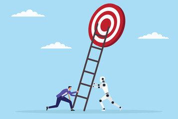 Vector illustration of a businessman and robot lifting ladders together toward a goal, representing human and ai collaboration in building the path to progress and achievement
