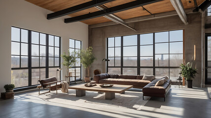 Modern Brown Leather Sectional Sofa with Wooden Coffee Table.