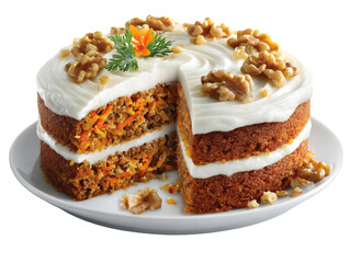 Delicious Carrot Cake: A moist and delicious two-layer carrot cake, topped with creamy frosting and walnuts. A slice has been removed, revealing the moist and delicious interior.