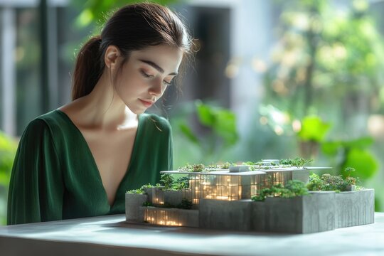 A young woman in a green dress examines an architectural model of a green building.