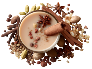 Aromatic Spiced Tea Delight: A visually stunning overhead shot showcases a mug of creamy spiced tea encircled by a variety of aromatic spices, exuding warmth, comfort.