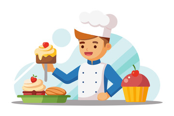 Happy Baker with Cupcakes: A cheerful baker proudly displays a delicious cupcake, surrounded by other tempting treats.