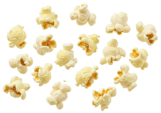 Light yellowish-white, fluffy popcorn pieces dynamically scattered on a pristine bright white studio background with ample copy space, appetizing snack food concept - Powered by Adobe