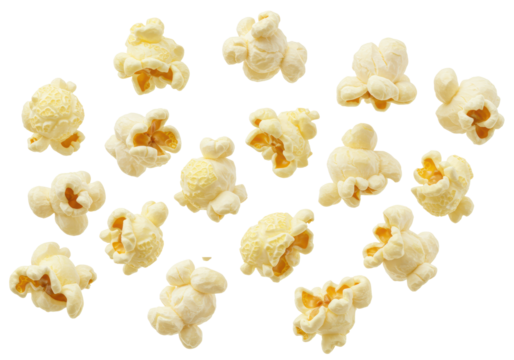 Light yellowish-white, fluffy popcorn pieces dynamically scattered on a pristine bright white studio background with ample copy space, appetizing snack food concept