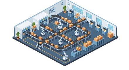 Automated Warehouse: High-tech warehouse with automated conveyor belts and robotic arms efficiently sorting and moving packages.