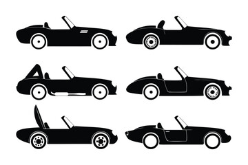 Classic Convertible Cars Silhouettes: A collection of sleek and stylish black convertible cars, perfect for design projects related to automobiles and travel.