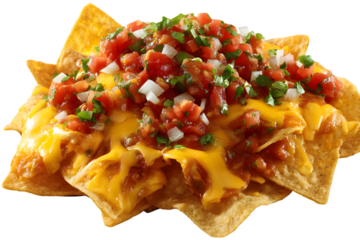 Golden Nachos: a mouthwatering composition showcasing a generous helping of golden nachos, topped with a vibrant blend of melted cheese and fresh, colorful ingredients, exuding flavors