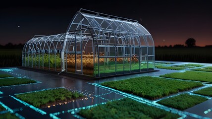 Naklejka premium Futuristic greenhouse with advanced technology and crops at night