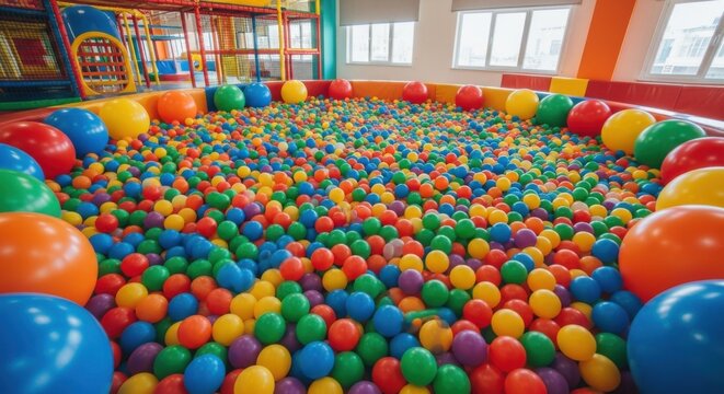 Vibrant indoor playground filled with countless colorful plastic balls for children's fun and play