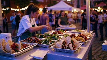 Chefs are arranging tacos and other dishes on metal trays on a table at an outdoor street food festival illuminated by string lights at dusk, with people in the background