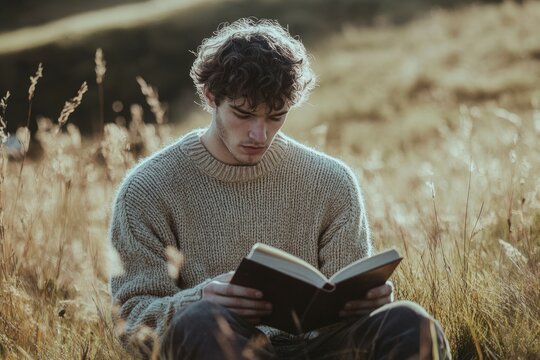 Young man engrossed in reading a book amidst a serene field.
