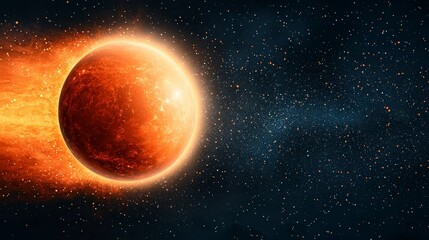 Fototapeta premium Fiery Planet in Motion Surrounded by Stars and Cosmic Dust in Deep Space with Glowing Trails and Nebulae
