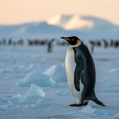 Single Emperor Penguin stands on icy terrain with blurred colony background