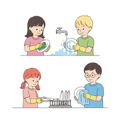 Cute Handdrawn Illustration of Children Washing Dishes Together at Home
