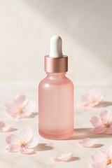 An Elegant Pink Serum Bottle Beautifully Surrounded by Charming Floral Accents and Details