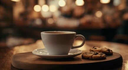 Obraz premium Cup of coffee with cookies on wooden board in cafe setting