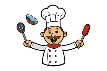 Naklejka premium Cheerful Chef Cartoon: A whimsical cartoon chef with a handlebar mustache joyfully juggles cooking utensils in a playful display of culinary skill.