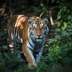 Bengal tiger walking through dense green foliage big cat