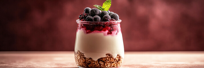 Colorful jar breakfast features layers of yogurt, granola, and fresh fruits like blueberries, served on a rustic wooden table with a warm backdrop, banner