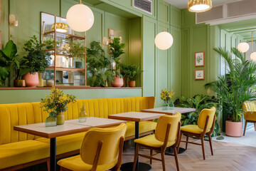 Inviting cafe interior showcases bright yellow seating, abundant plants, and modern decor, enhancing the ambiance for guests seeking comfort and connection