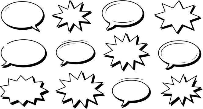 Twelve Hand-Drawn Comic Book Speech Bubbles and Stars; Black and White