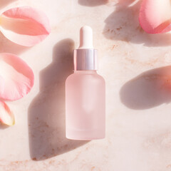 An Elegant Pink Serum Bottle Gracefully Surrounded by Soft, Delicate Petals for Aesthetics