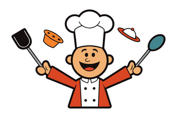Culinary Artisan Illustration: A cheerful chef illustration, radiating enthusiasm as he presents various cooking tools and culinary elements. It's a celebration of the culinary world.