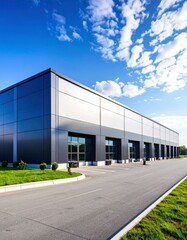 Obraz premium Modern supermarket building exterior against blue sky. Inviting facade