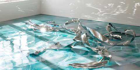 Elegant silver bird sculptures displayed on a reflective blue surface

