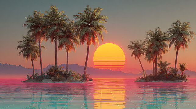 Outrun Synthwave style - 1990s retro aesthetic with palm trees and tropical sunset in pink and blue