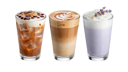 Three iced coffee drinks with latte art and lavender topping in clear glasses beverage
