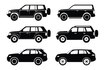 Diverse SUVs: A collection of vector illustrations showcases a variety of SUV silhouettes, ready to be used in design and projects. This selection emphasizes utility, design and vehicle structure.
