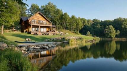Obraz premium Lakeside log cabin home with large deck, grassy yard, and dock.