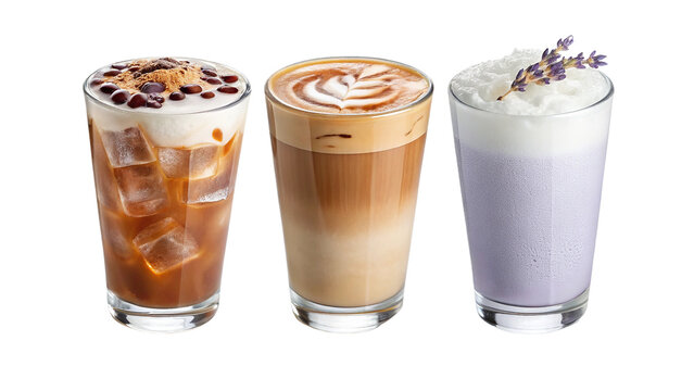 Three iced coffee drinks with latte art and lavender topping in clear glasses beverage