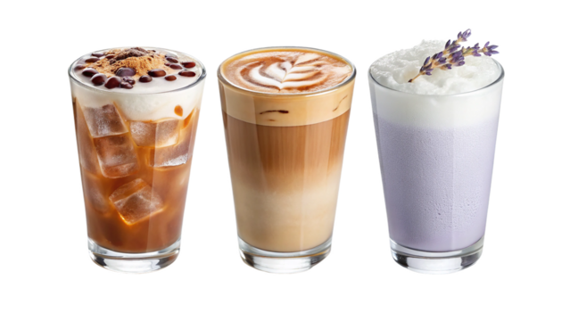 Three iced coffee drinks with latte art and lavender topping in clear glasses beverage