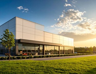 Obraz premium Modern supermarket building exterior against blue sky. Inviting facade