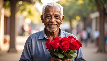 Happy senior man holding bouquet of red roses
