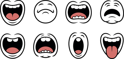 Cartoon Mouth Expressions:  Happy, Sad, Angry,  Surprised,  Vector Illustrations