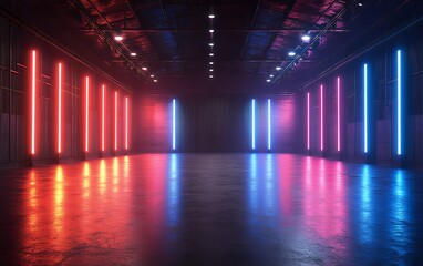 Fototapeta premium Neon lights illuminate a sleek, empty industrial space, creating a vibrant, futuristic atmosphere