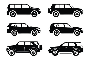 Diverse SUV Silhouette: A collection of sleek SUV silhouettes showcases various design styles, perfect for representing transport and vehicle concepts.