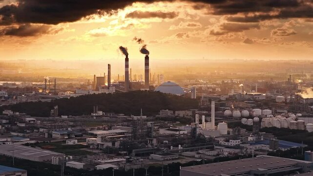 Aerial shot of two industrial chimneys emitting smoke with a large factory complex silhouetted against a dramatic orange sunset sky.