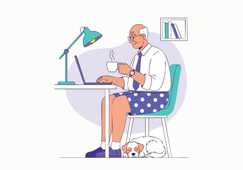 Modern Flat Illustration Man Working from Home with Relaxing Dog