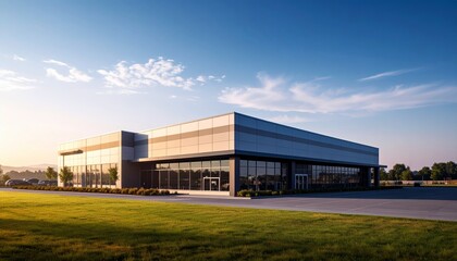 Obraz premium Modern supermarket building exterior against blue sky. Inviting facade