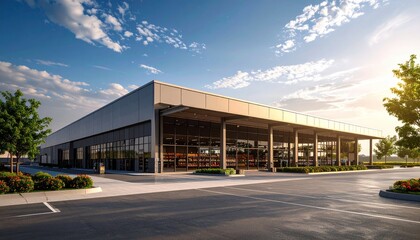 Modern supermarket building exterior against blue sky. Inviting facade