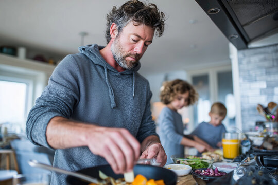 male construction worker in casual clothes, morning routine with kids in kitchen, preparing breakfast together, warm family atmosphere, 