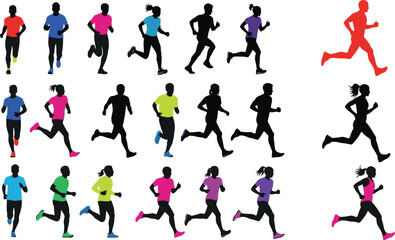 Diverse Group of Runners Silhouettes, Men and Women Jogging, Dynamic Sport and Fitness Vector Collection, Active Lifestyle and Healthy Exercise.