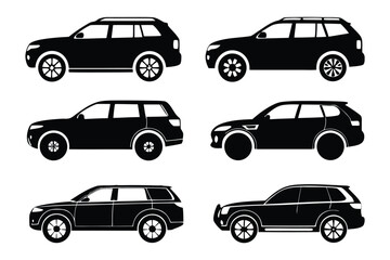 SUV Silhouette Collection: A set of six sleek, black SUV silhouettes showcasing the variety and design of modern sport utility vehicles. 