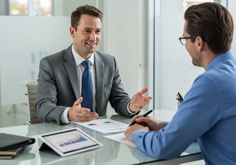 Business meeting with charts and graphs on a tablet and paperwork on a glass table