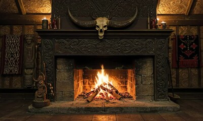 Intricate fireplace with burning fire, adorned with a water buffalo skull and traditional carvings. - Powered by Adobe
