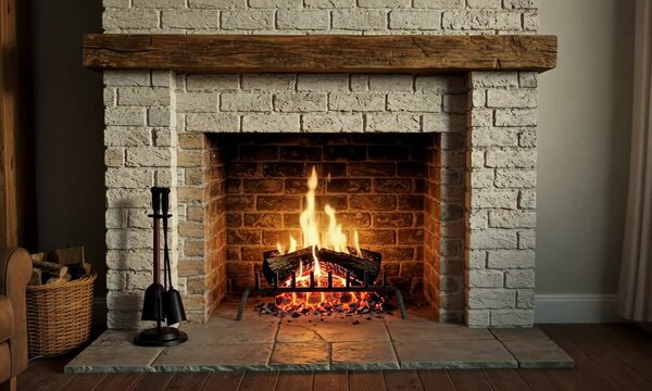 Cozy rustic fireplace with burning wood logs, whitewashed brick surround, and wooden mantel.